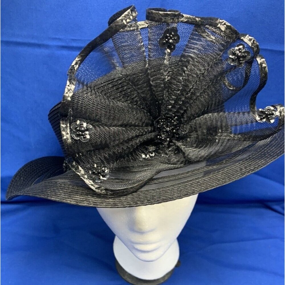 Black Sinamay Mesh Kentucky Derby Hat With Floral & Sequin Accents